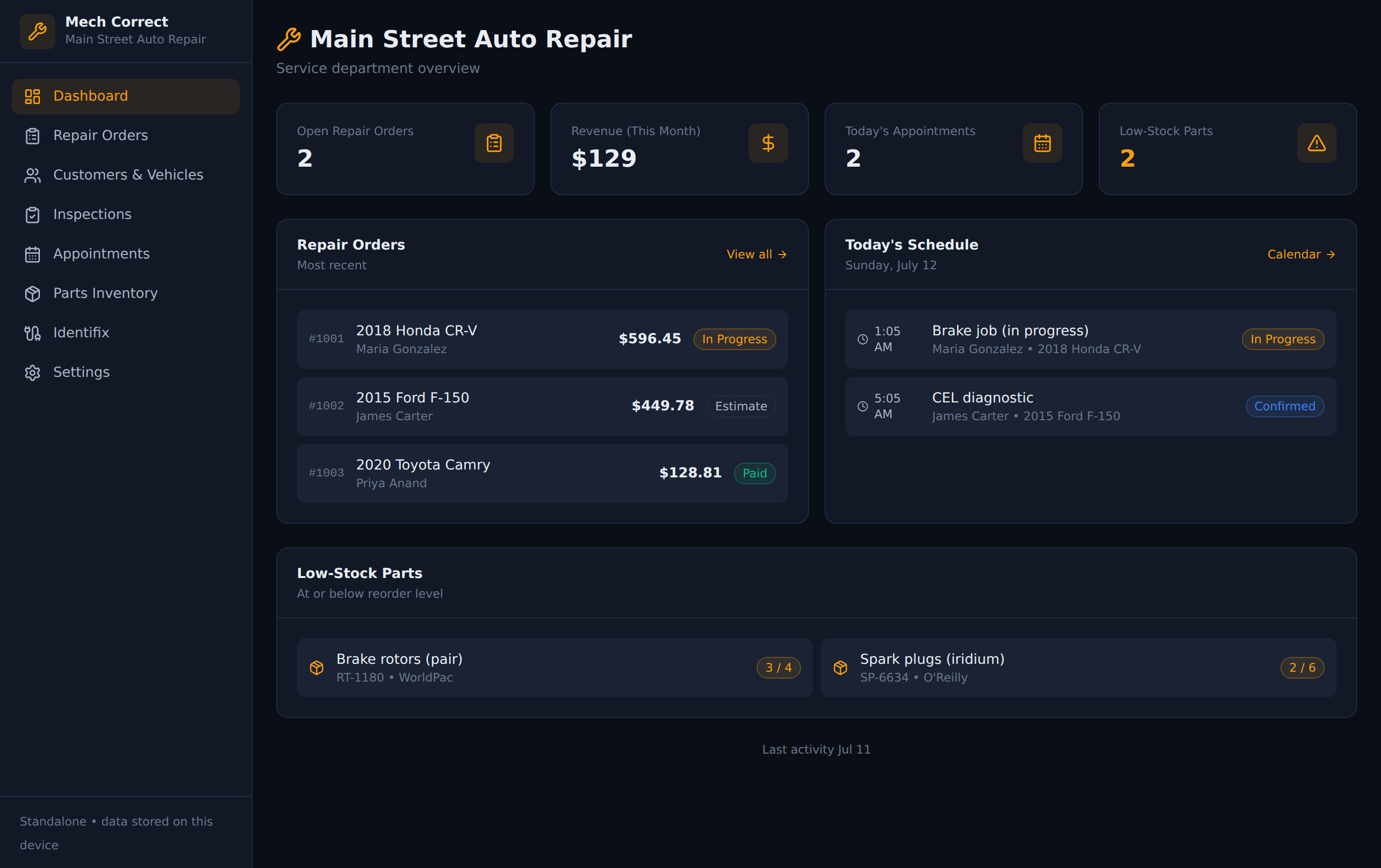 Mech Correct dashboard